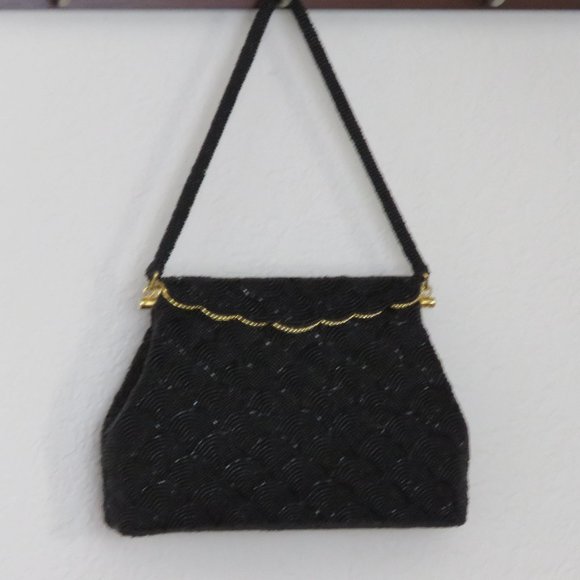 Vintage 1950s/1960s black beaded purse, satin lining and beaded strap - Picture 1 of 3